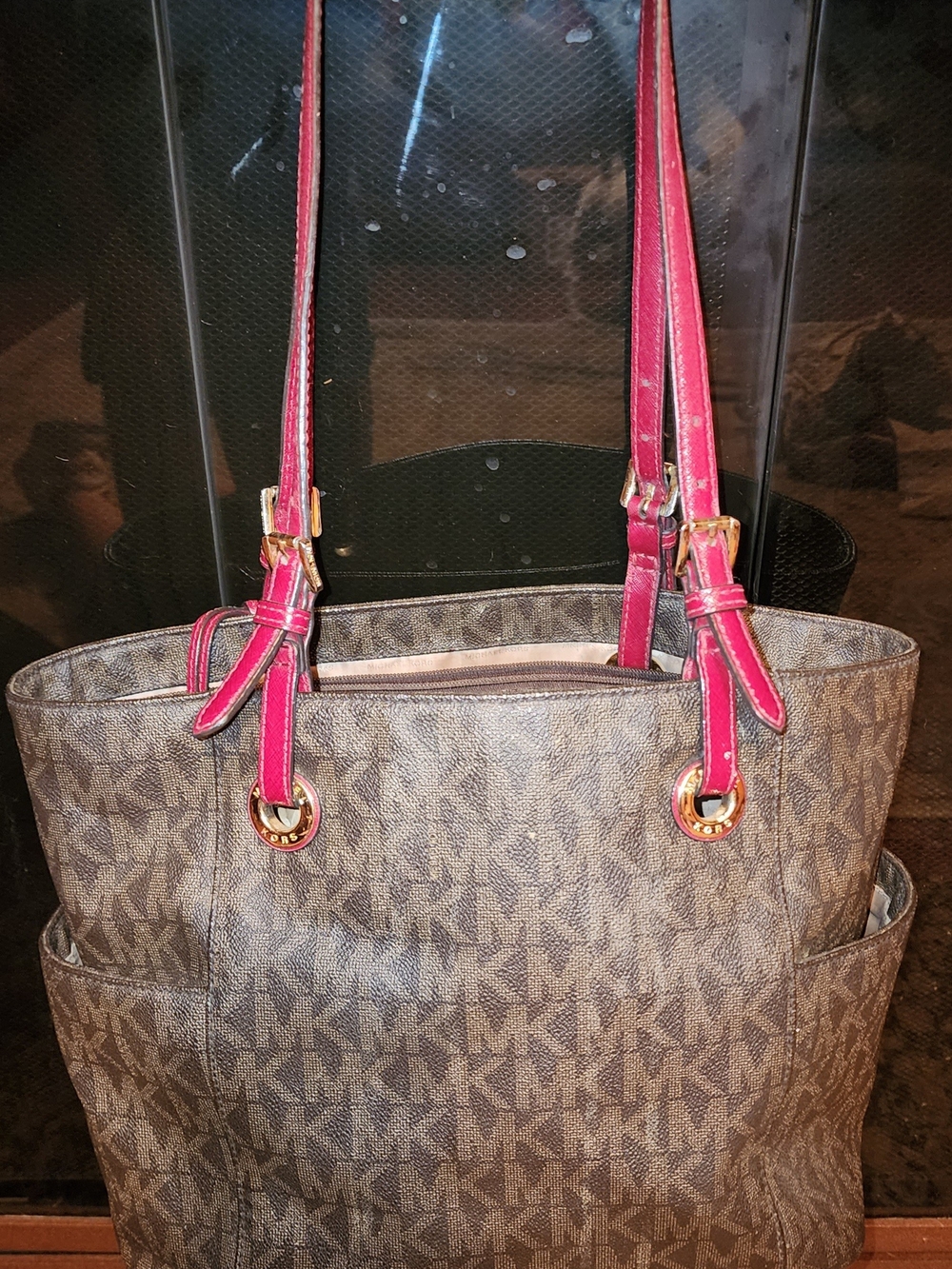 Michael Kors Brown Logo Tote with Pink Shoulder Straps